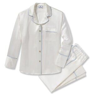 NWT Petite Plume Silk Pajama Set in White with Periwinkle Piping